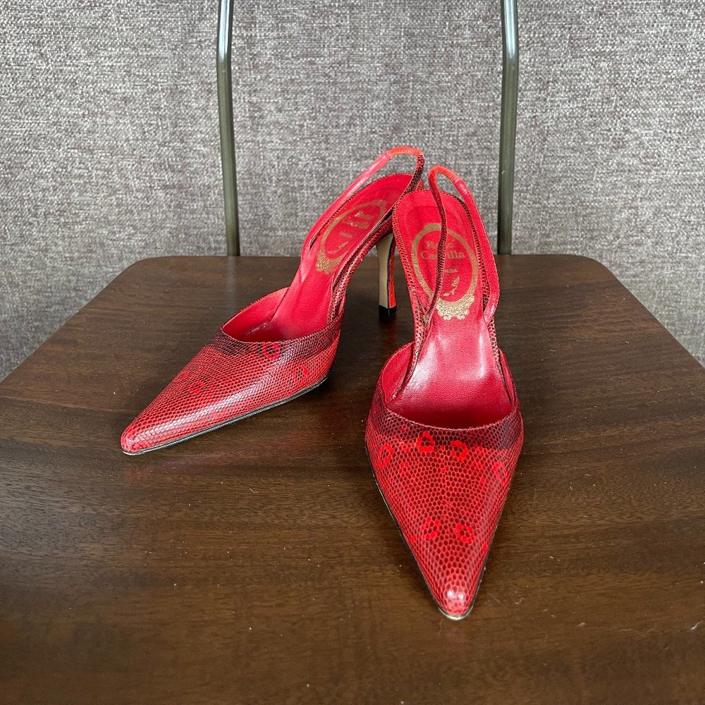 Rene Caovilla Red Leather Pumps with Snake Pattern Size 36.5